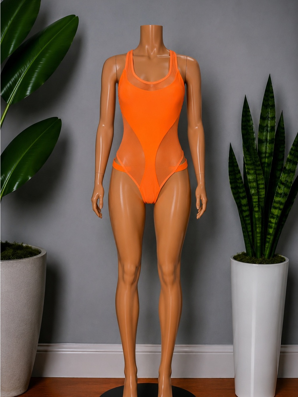 Orange Mesh Panel One-Piece Swimsuit